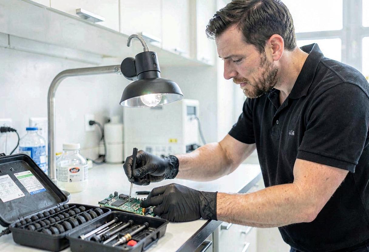 AMS technician performing board level diagnostics on medical equipment