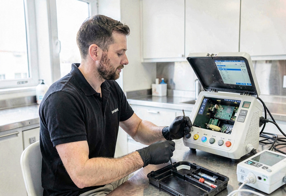 AMS technician repairing medical equipment in a clinical exam room
