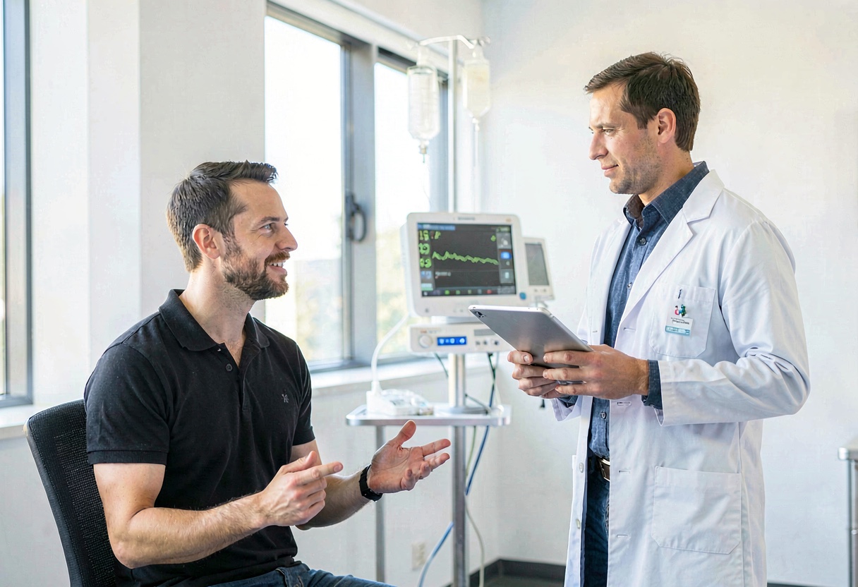 AMS technician discussing service planning with a physician